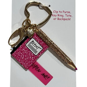 Betsey Johnson Gold Hot Pink Notebook and Pencil Key Chain Fob Bag Charm NWT